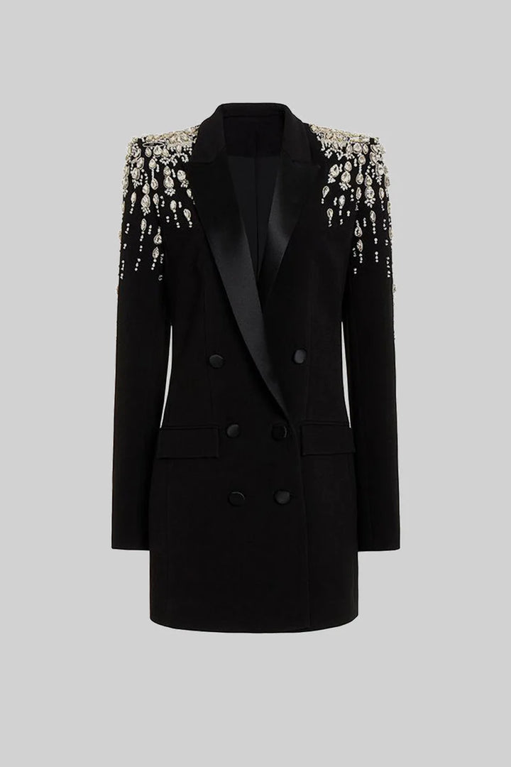 Elegant Blazer With Diamond Embellished Shoulders - Black