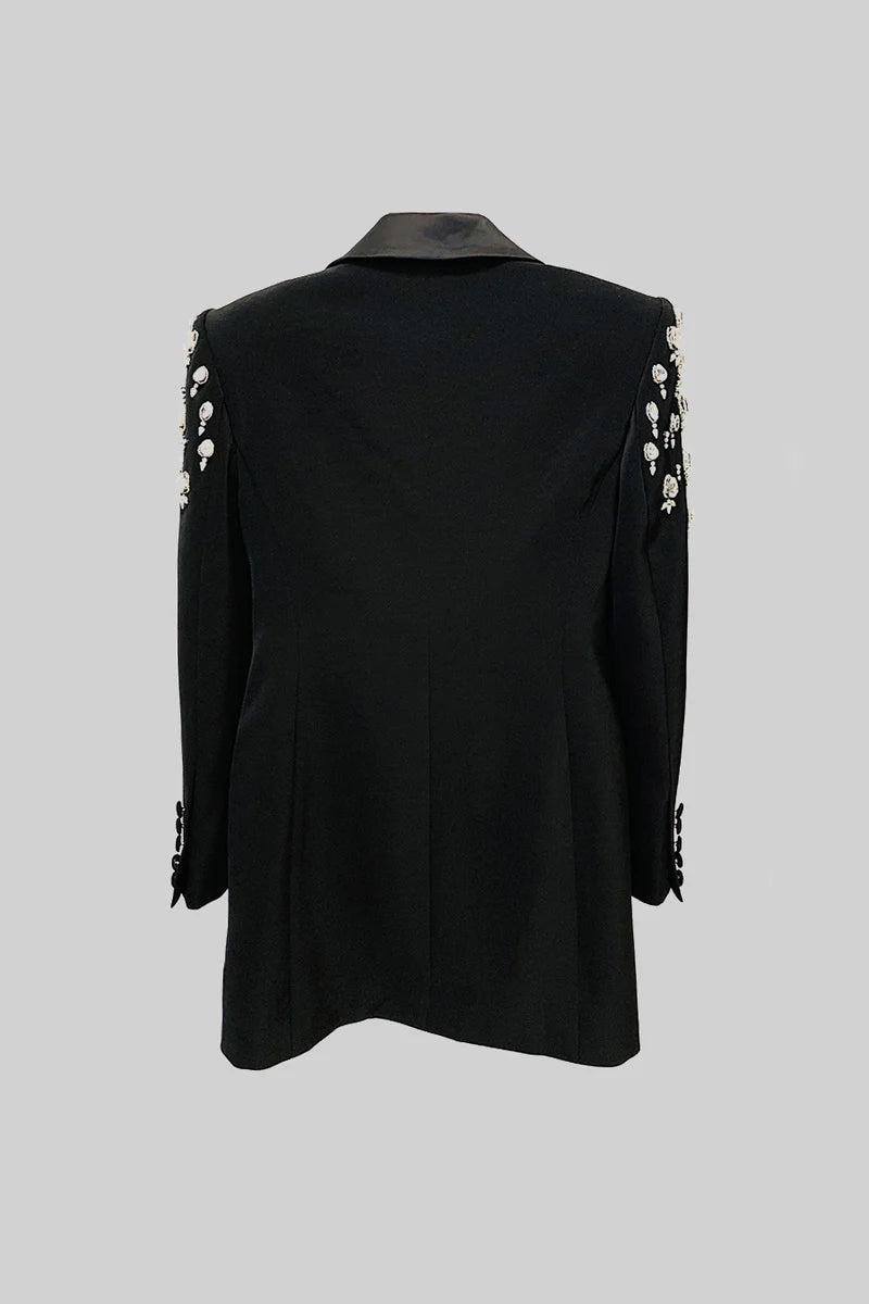 Elegant Blazer With Diamond Embellished Shoulders - Black