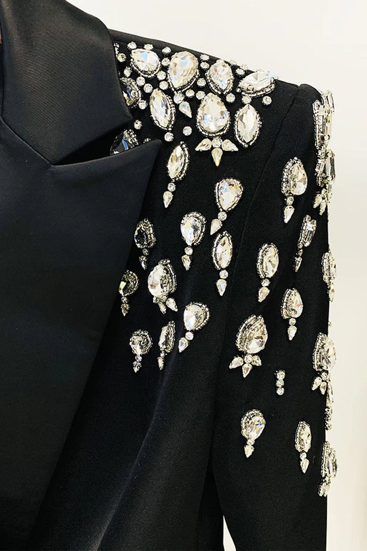 Elegant Blazer With Diamond Embellished Shoulders - Black