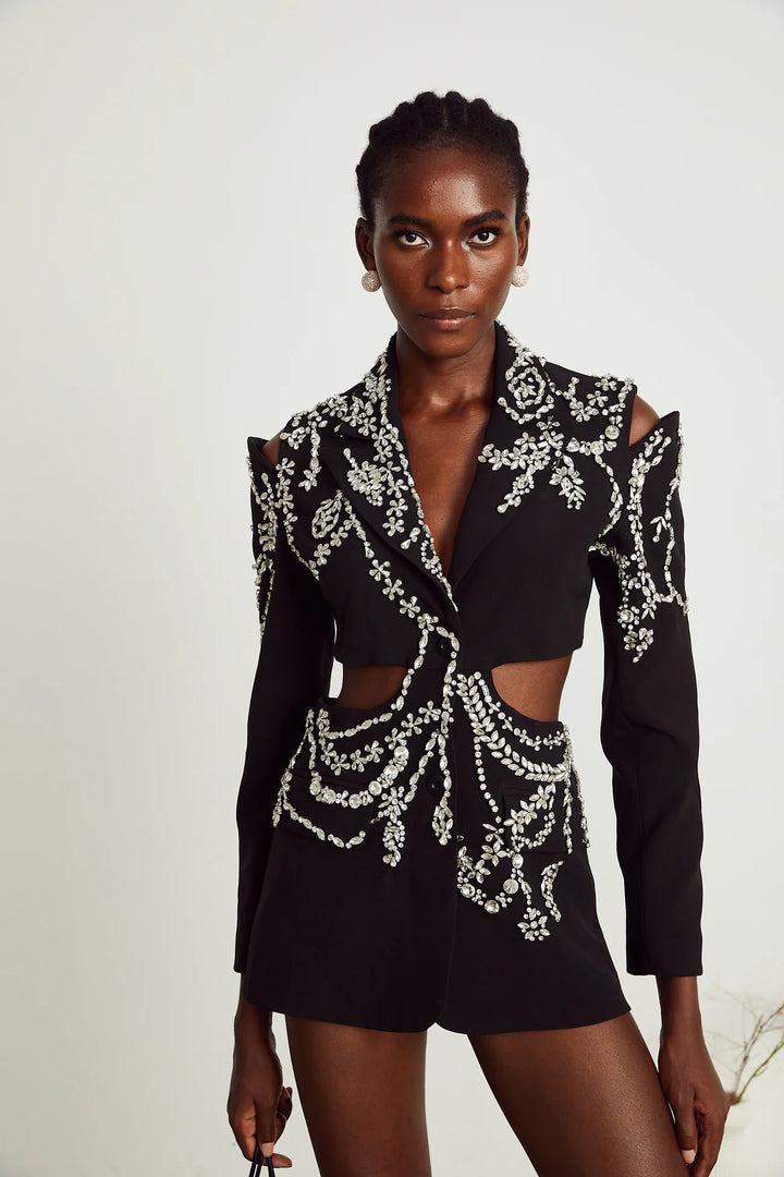 Black crystal-embellished cut-out jacket