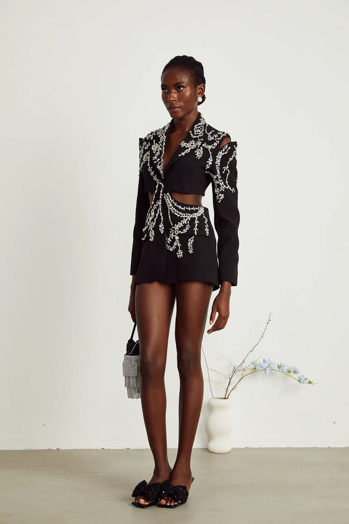 Black crystal-embellished cut-out jacket